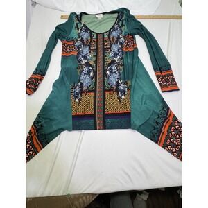 Beige By Eci Women Asymmetric Hem Tunic Top Size L Long SL Teal Western Floral